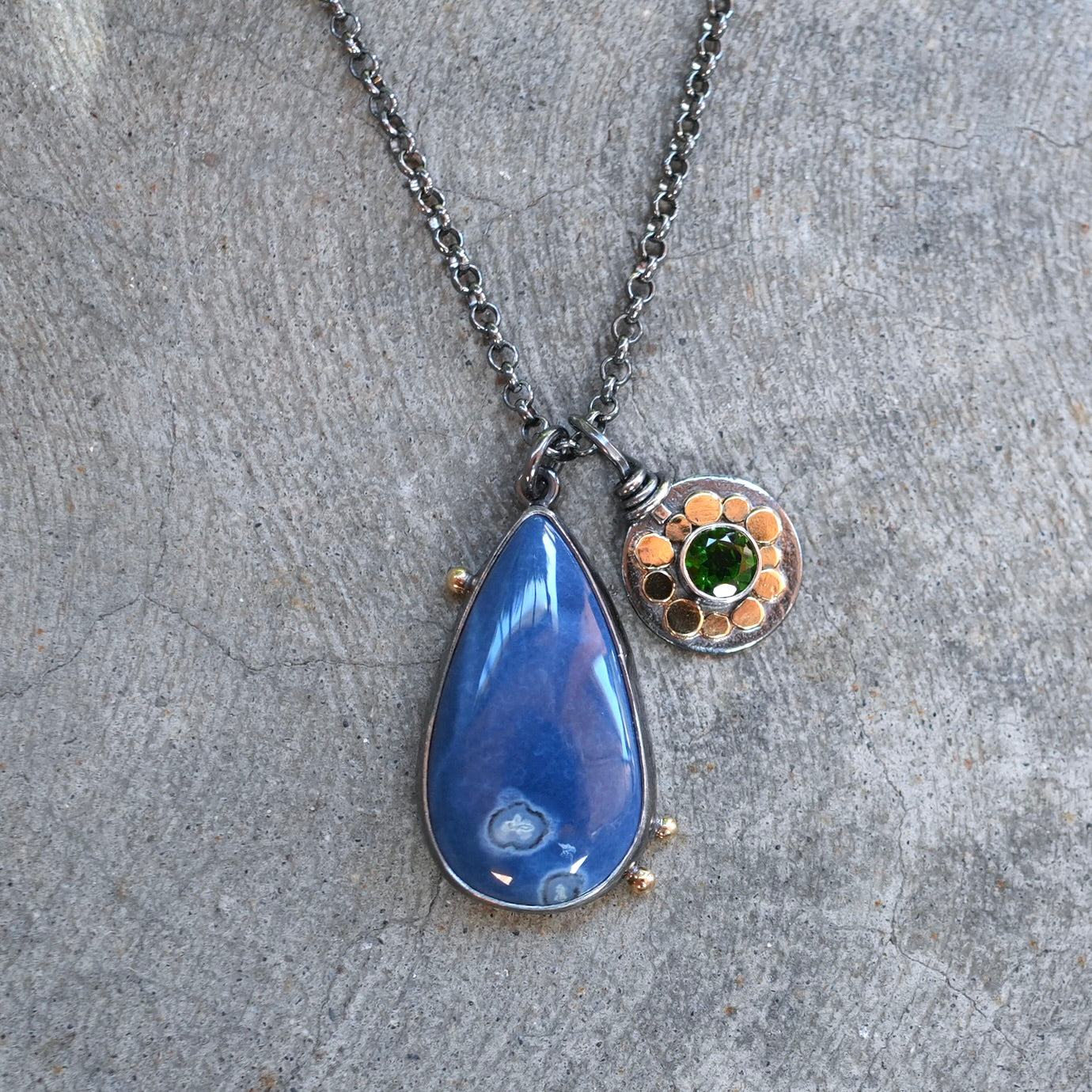 Blue opal and chrome diopside charm necklace