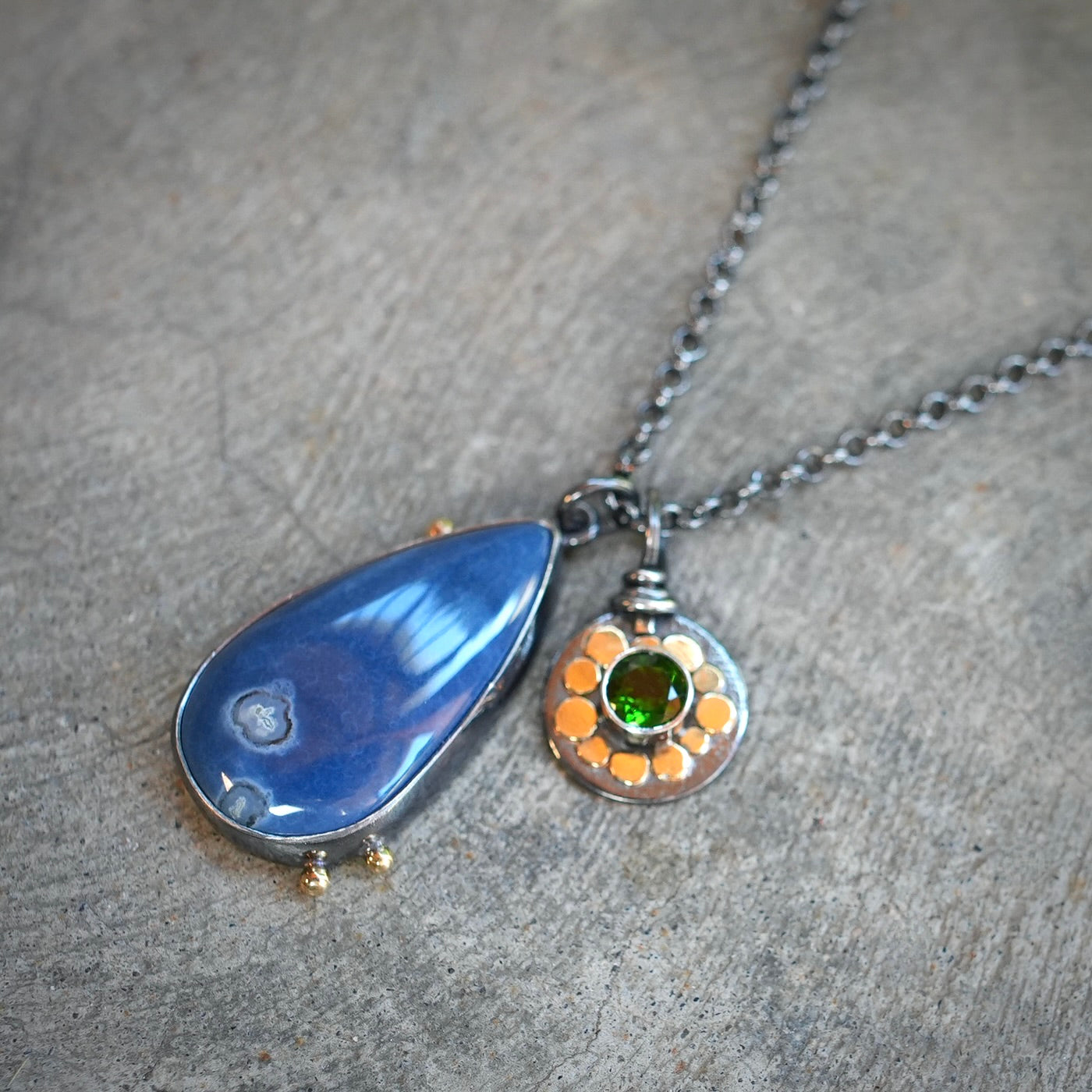 Blue opal and chrome diopside charm necklace