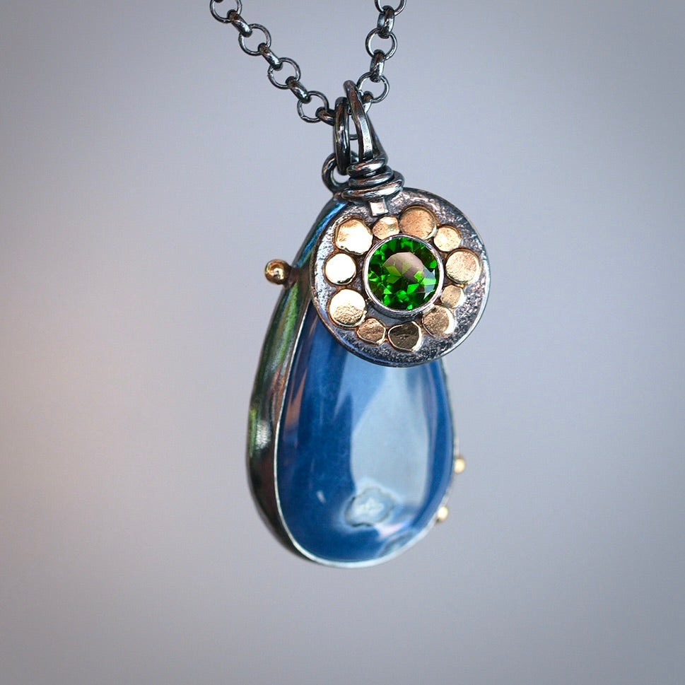 Blue opal and chrome diopside charm necklace