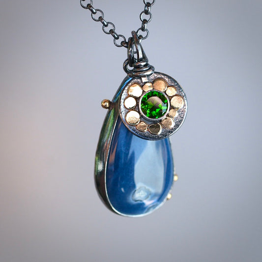 Blue opal and chrome diopside charm necklace