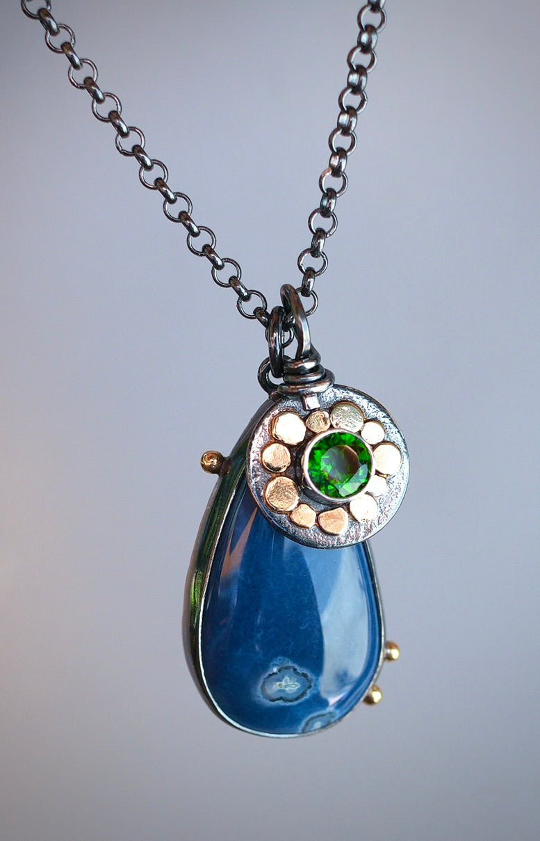 Blue opal and chrome diopside charm necklace