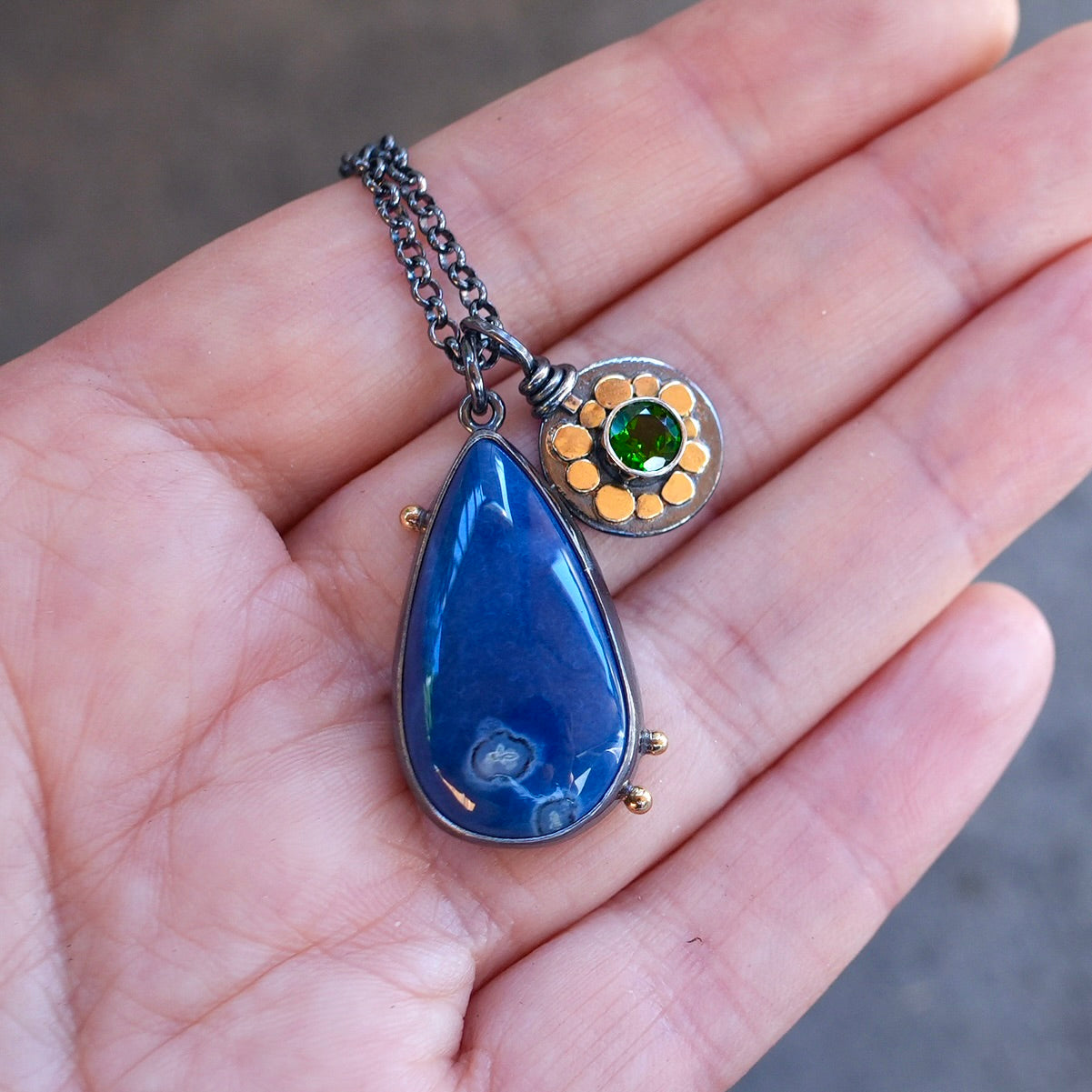 Blue opal and chrome diopside charm necklace