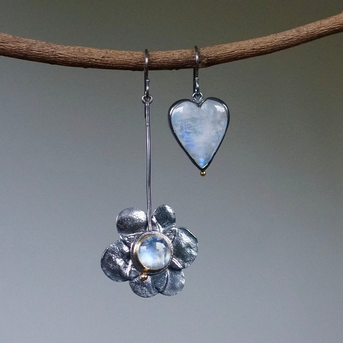 Hearts & Flowers Earrings with rainbow moonstone