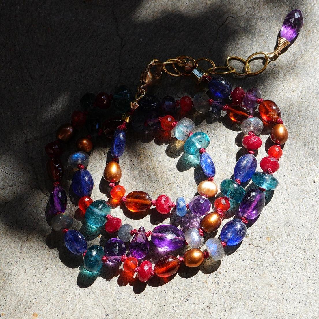 Multi-gemstone hand-knotted necklace