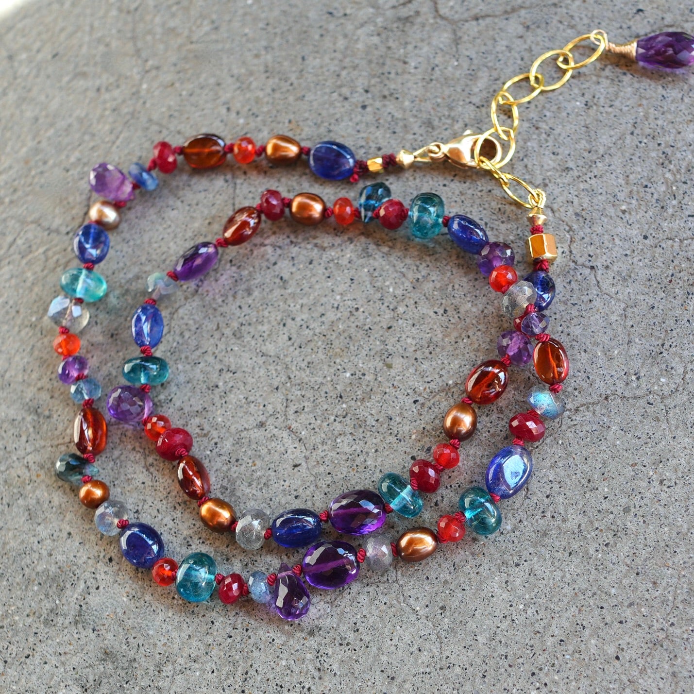 Multi-gemstone hand-knotted necklace