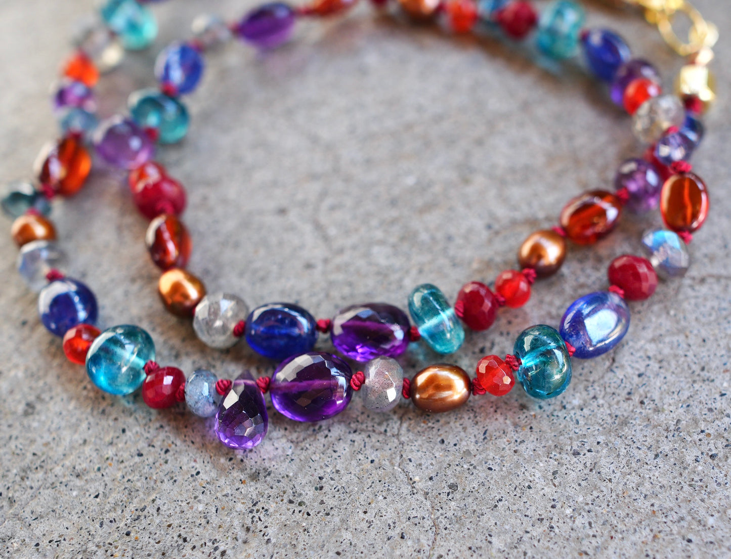 Multi-gemstone hand-knotted necklace