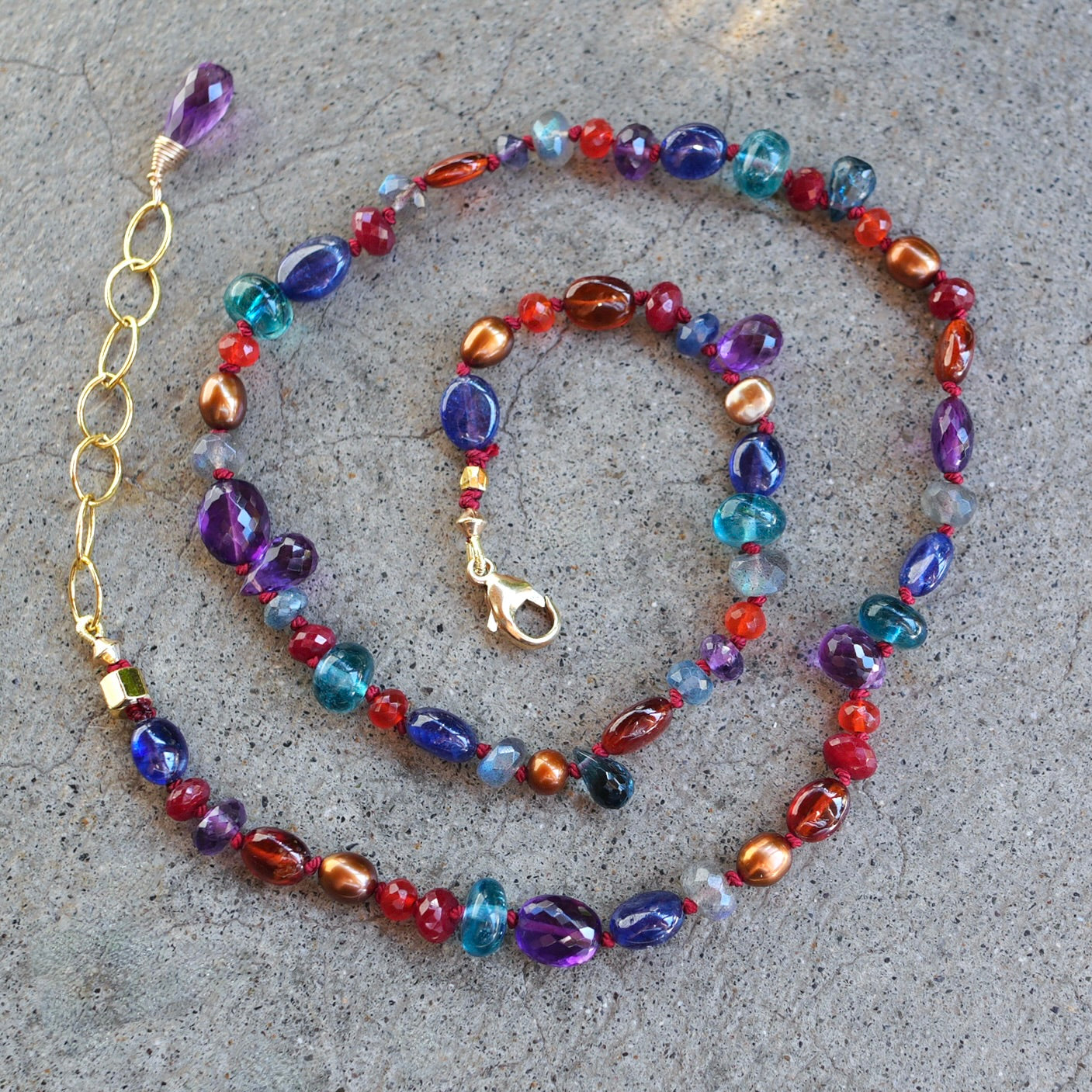 Multi-gemstone hand-knotted necklace