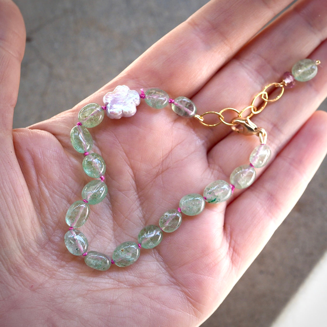 Green strawberry quartz and freshwater pearl silk-knotted bracelet