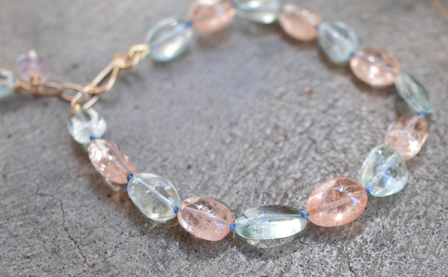 Morganite and aquamarine bracelet with 14K gold clasp