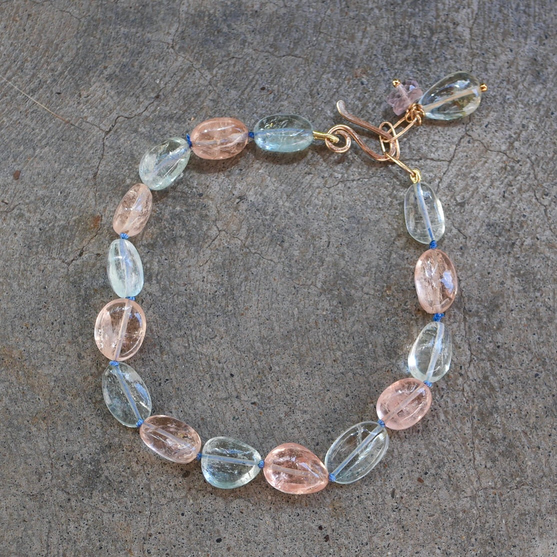 Morganite and aquamarine bracelet with 14K gold clasp