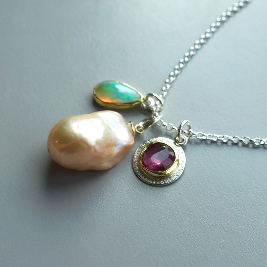 Baroque pearl, pink tourmaline and Ethiopian Opal charm necklace