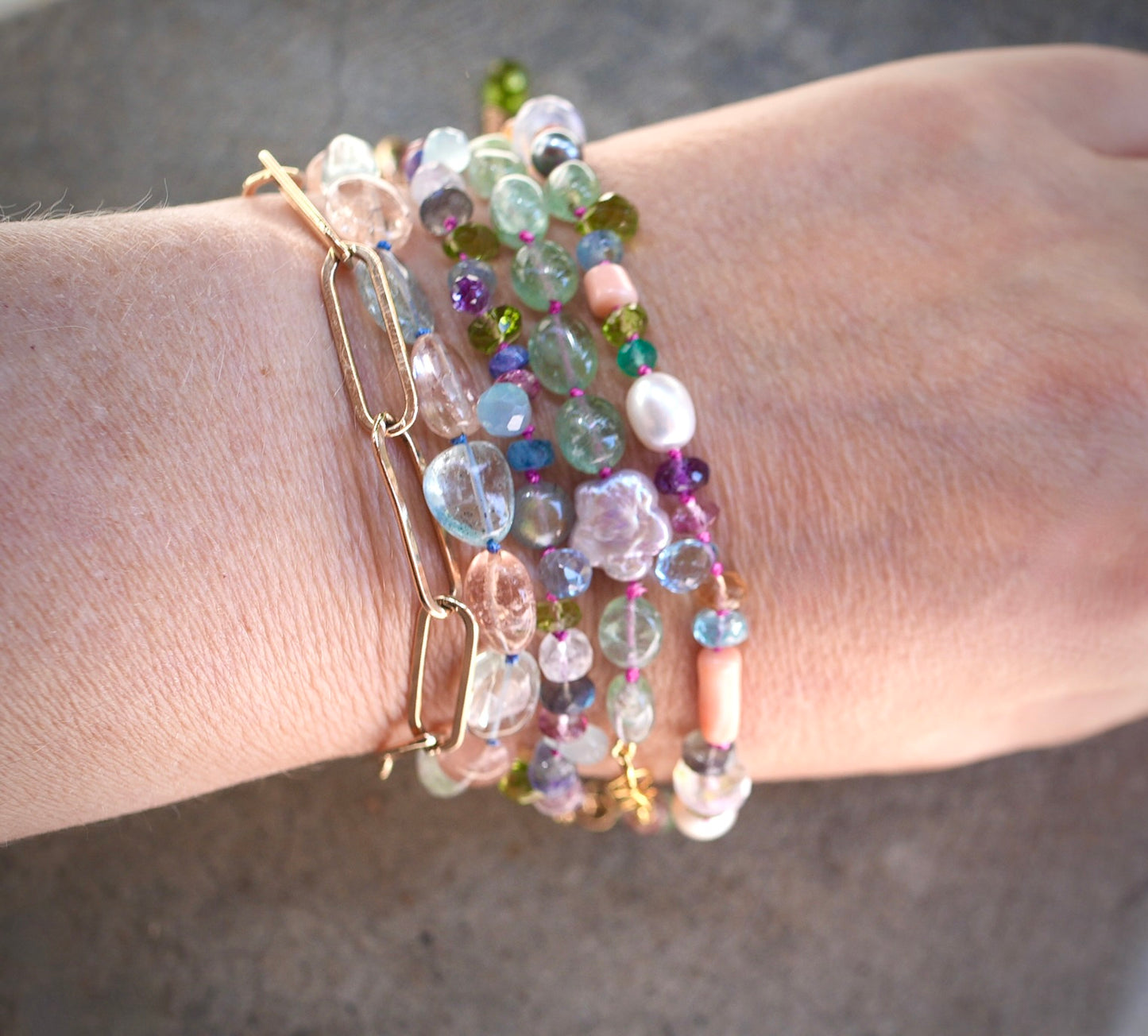Morganite and aquamarine bracelet with 14K gold clasp
