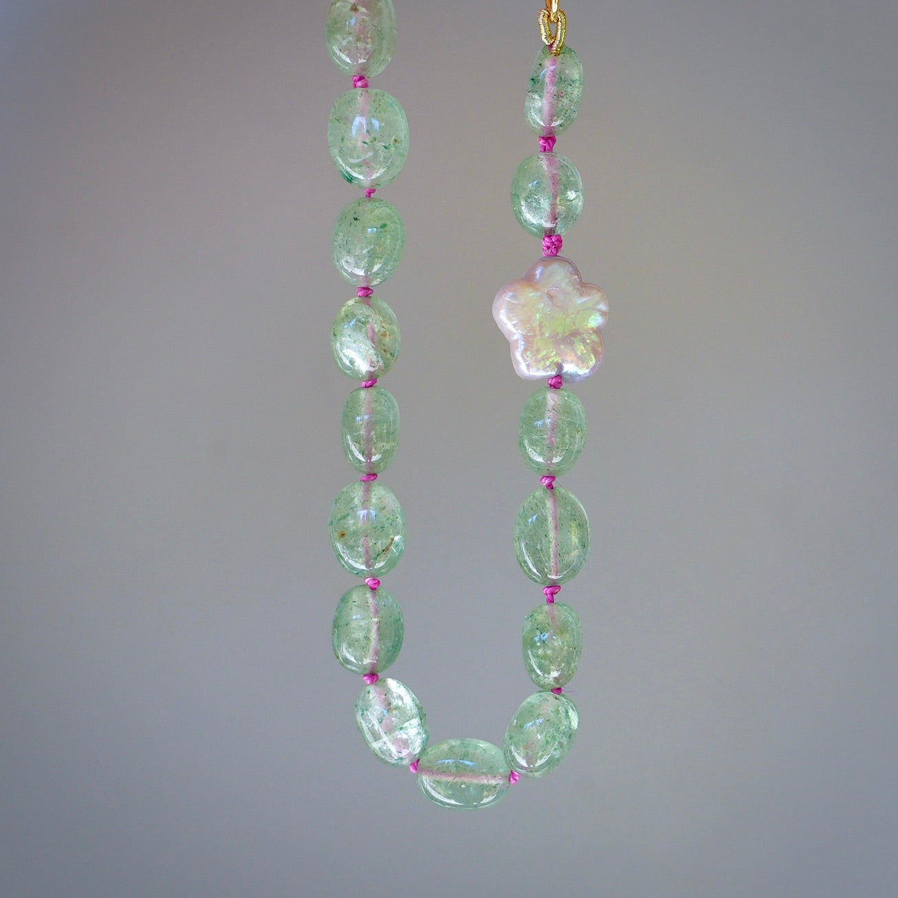 Green strawberry quartz and freshwater pearl silk-knotted bracelet
