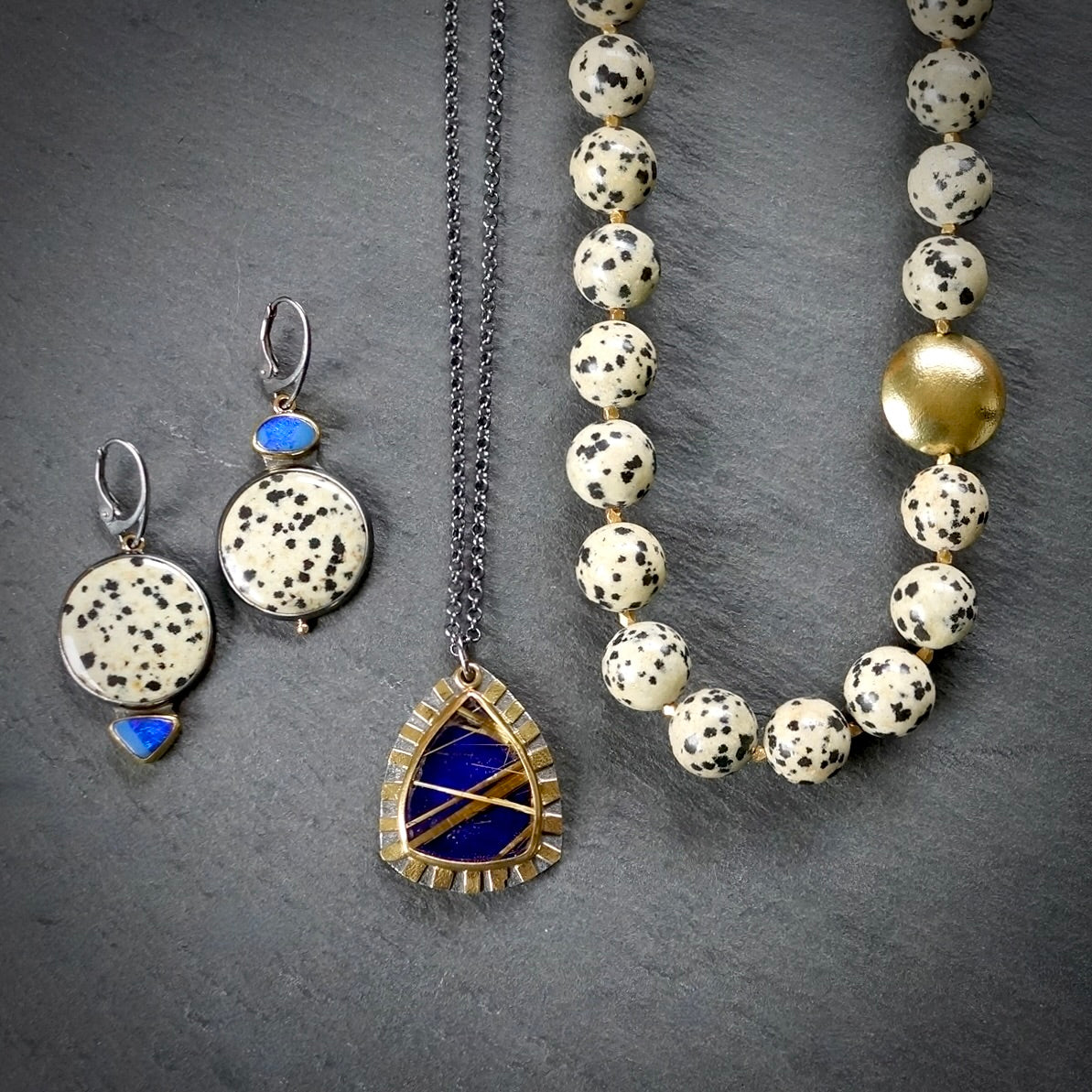 Dalmatian jaspet and Australian opal earrings