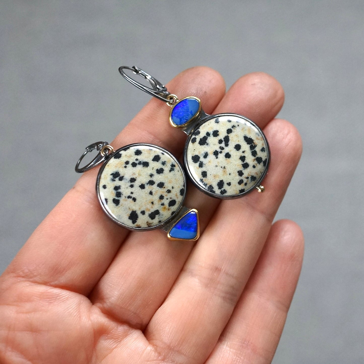 Dalmatian jaspet and Australian opal earrings