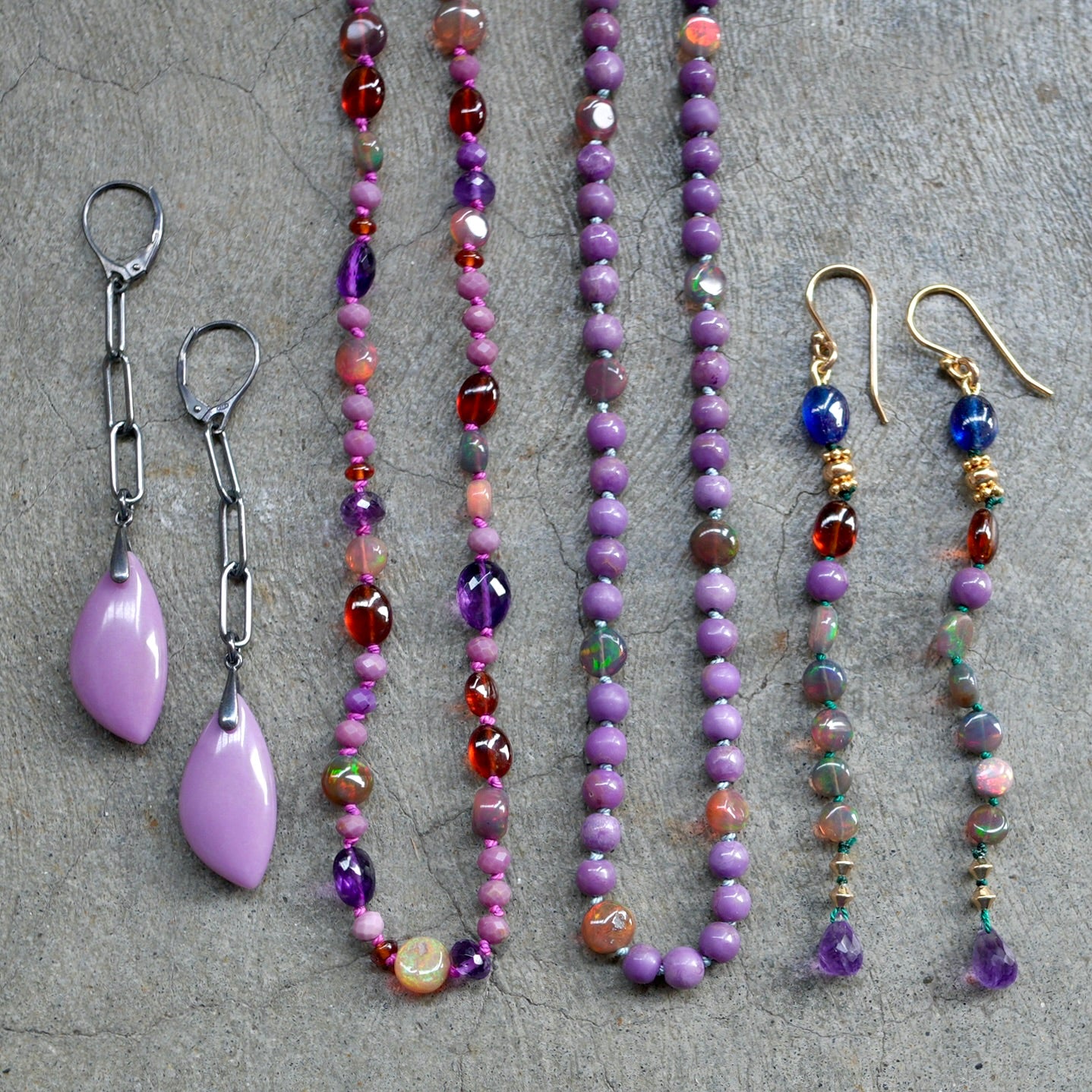 Ethiopian opal, sapphire, garnet, phosphosiderit and amethyst earrings