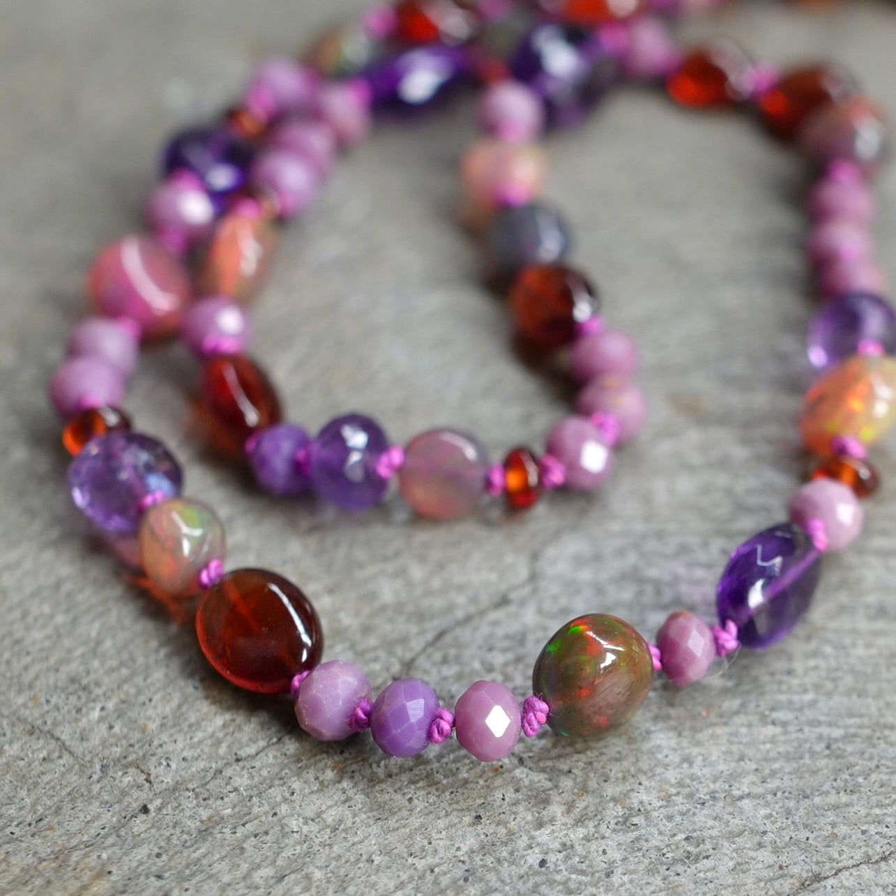 Purple mix gemstone and opal necklace