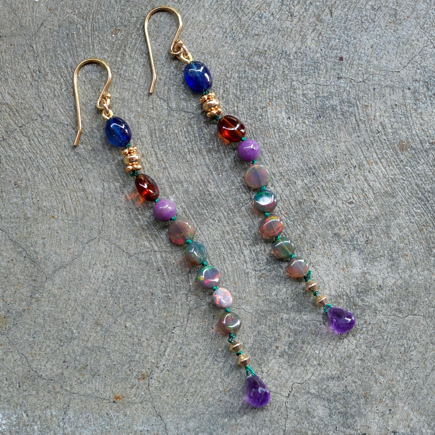 Ethiopian opal, sapphire, garnet, phosphosiderit and amethyst earrings