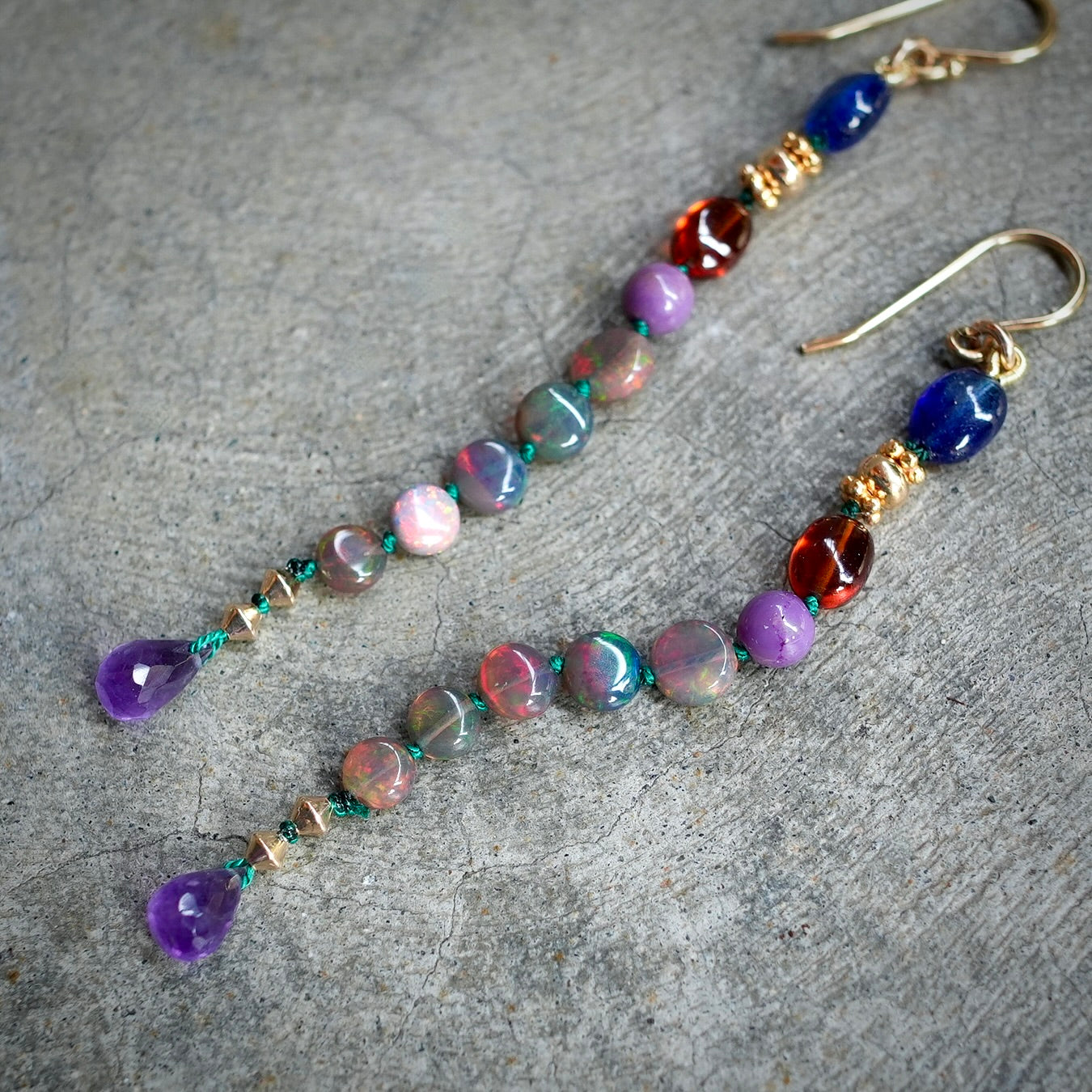 Ethiopian opal, sapphire, garnet, phosphosiderit and amethyst earrings