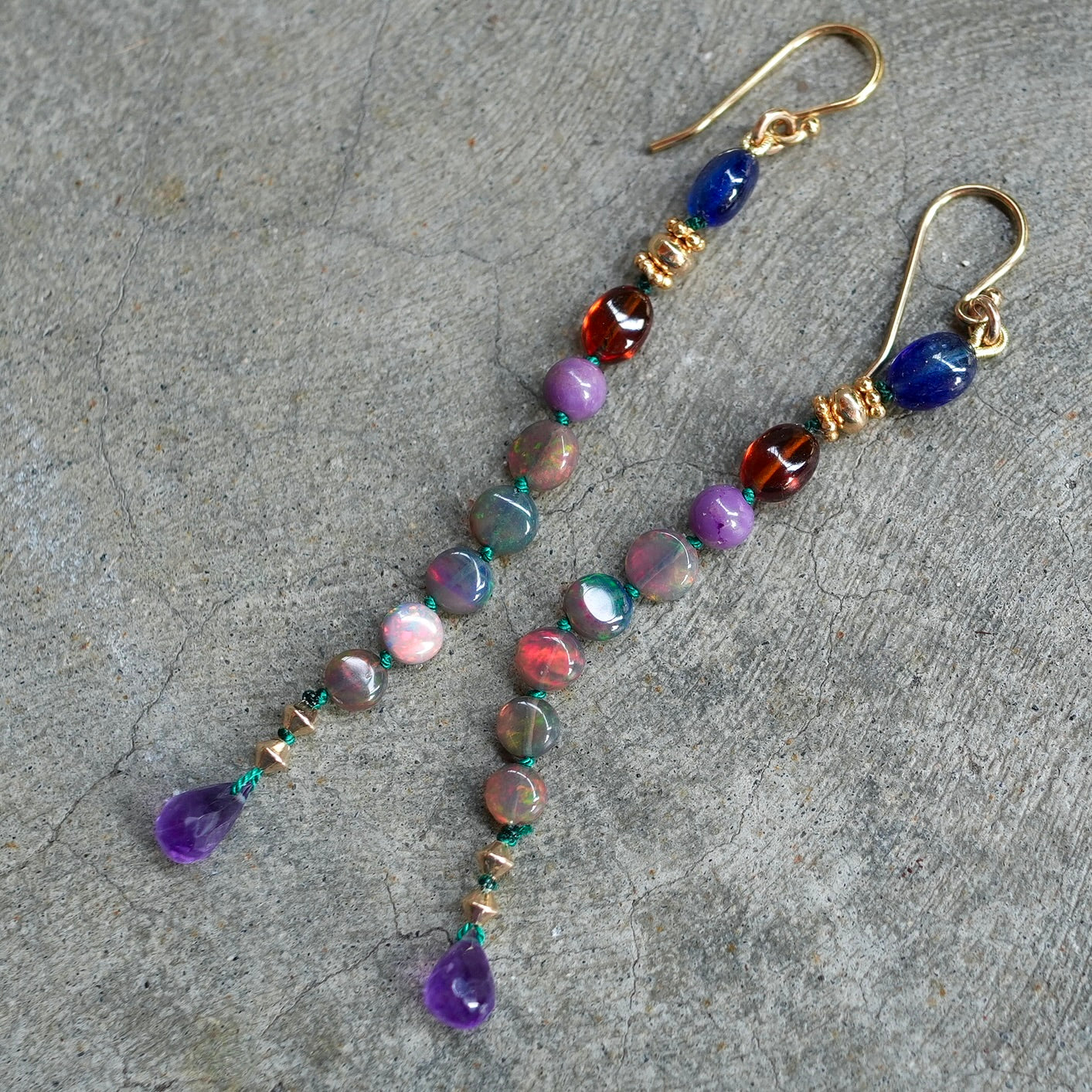 Ethiopian opal, sapphire, garnet, phosphosiderit and amethyst earrings