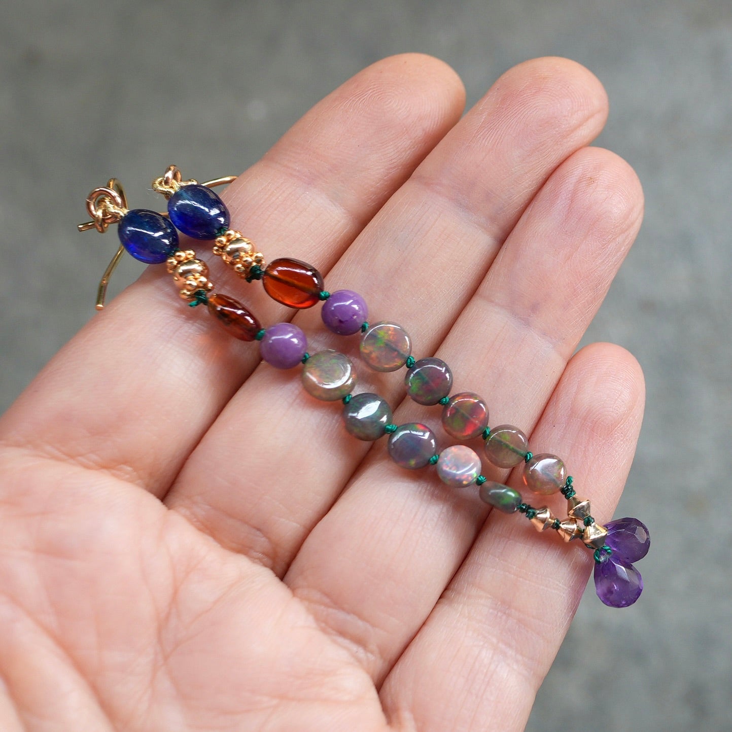 Ethiopian opal, sapphire, garnet, phosphosiderit and amethyst earrings