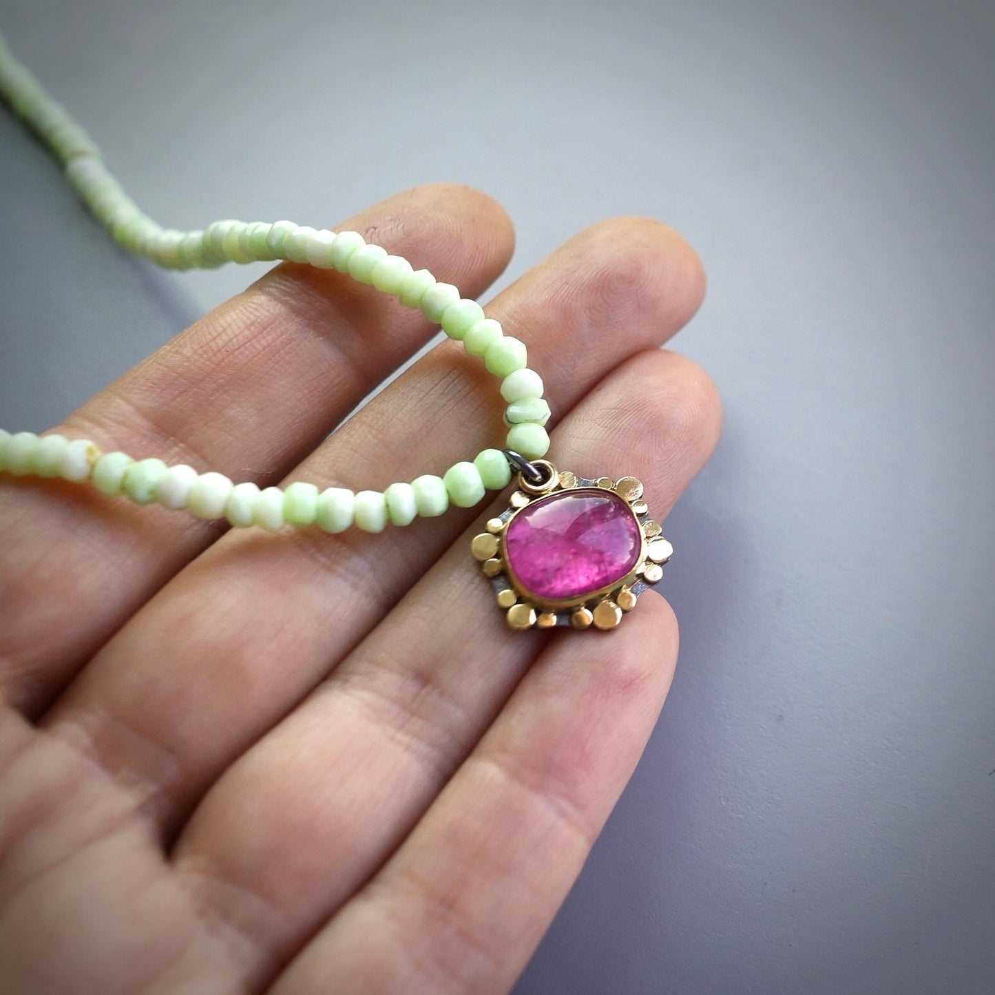 Pink tourmaline and chrysoprase necklace