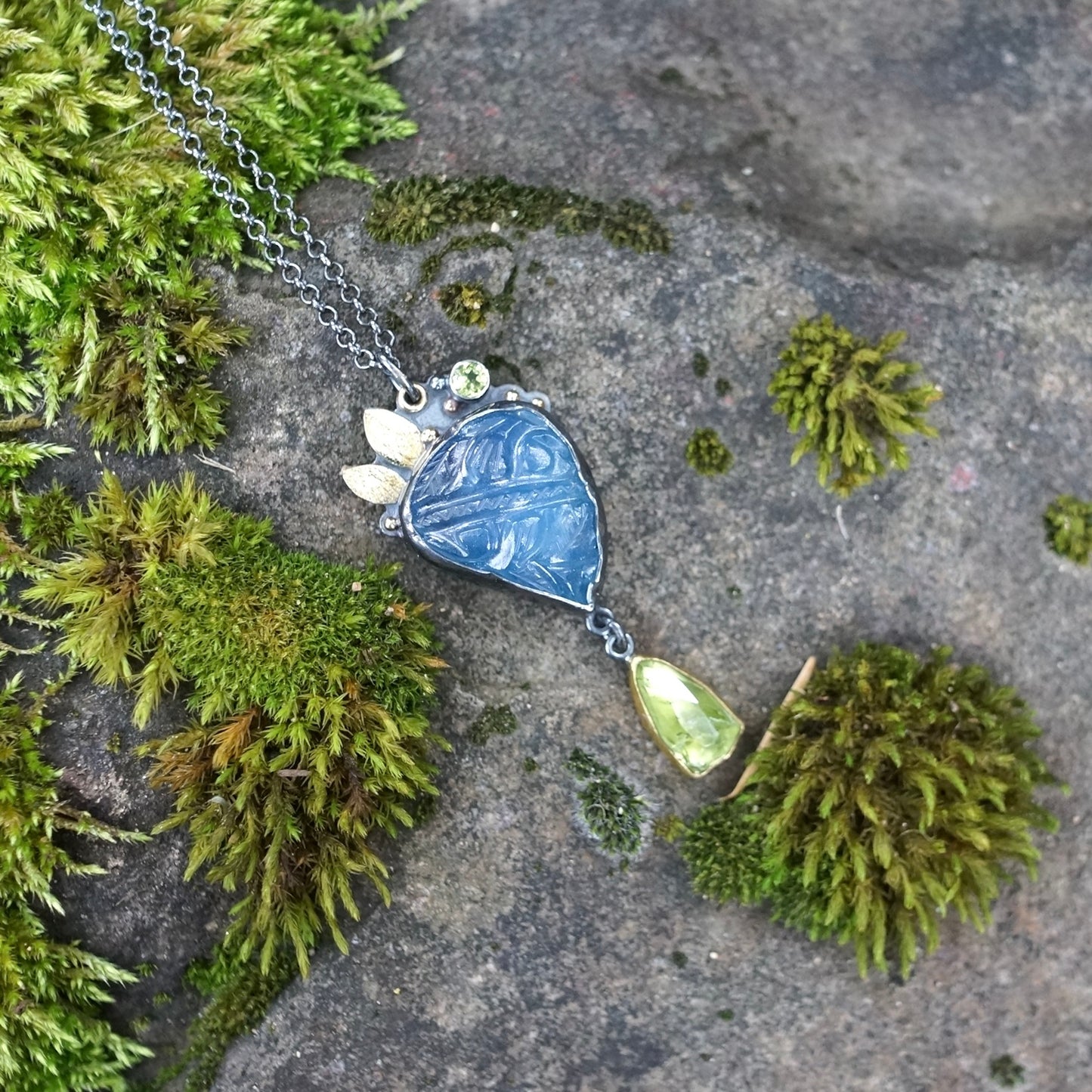 Carved aquamarine and green tourmaline pendant