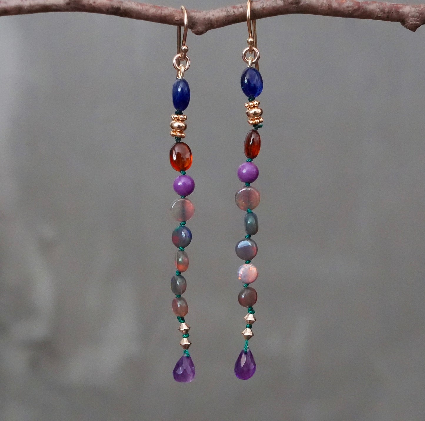Ethiopian opal, sapphire, garnet, phosphosiderit and amethyst earrings