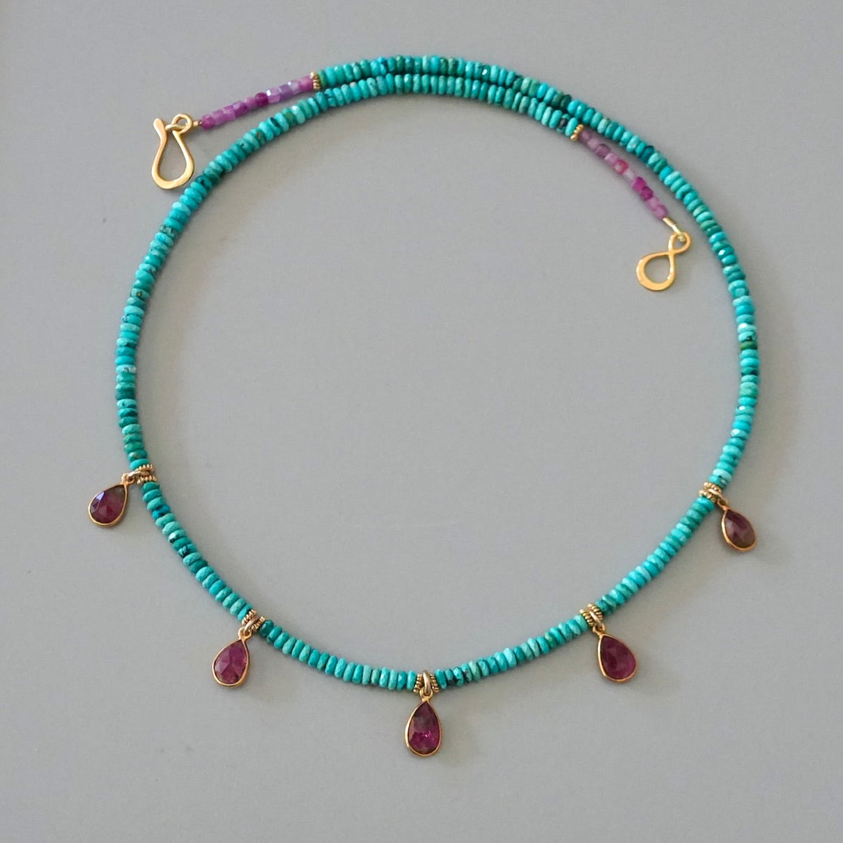 Natural turquoise and pink tourmaline charm necklace