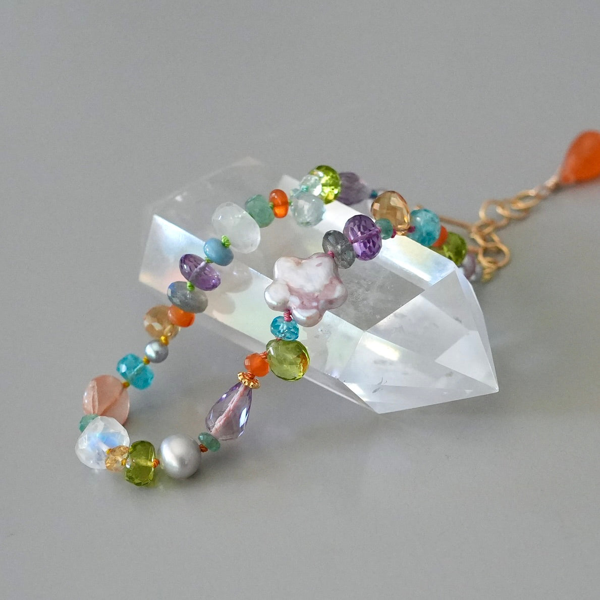 Vibrant gemstone mix silk-knotted bracelet with pearl flower