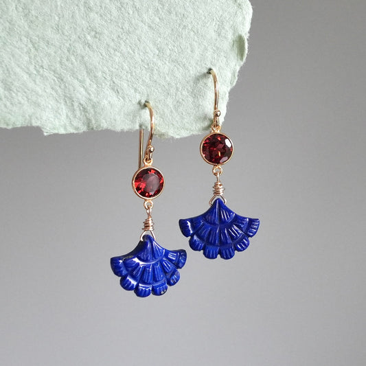 Garnet and carved lapis earrings