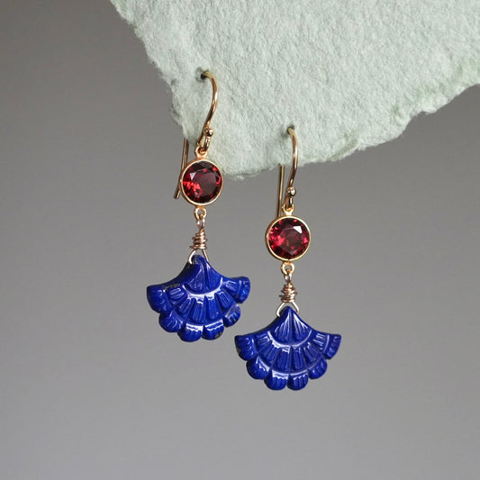 Garnet and carved lapis earrings