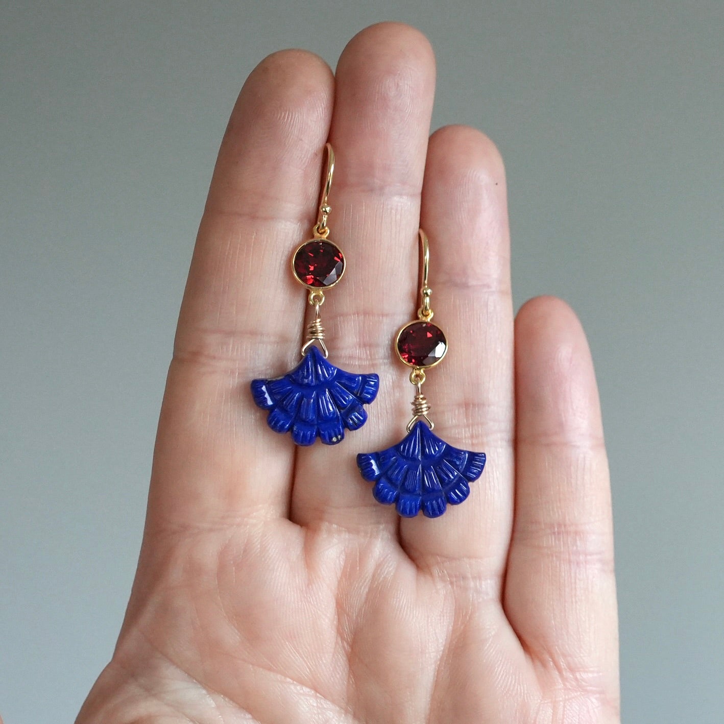 Garnet and carved lapis earrings