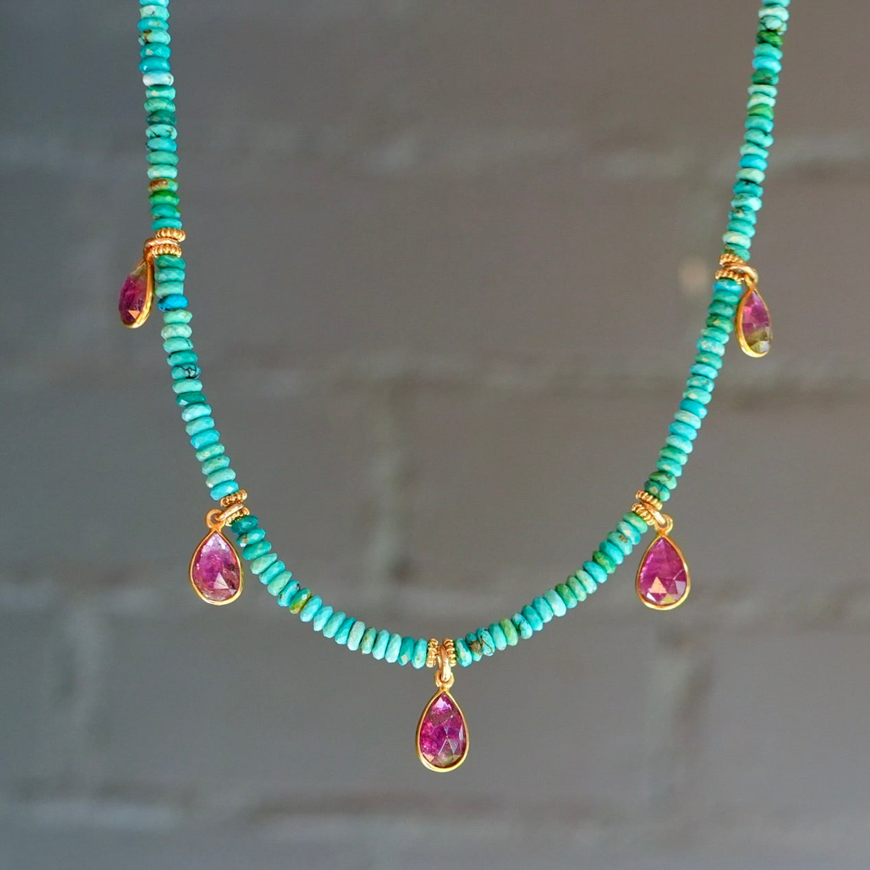Natural turquoise and pink tourmaline charm necklace