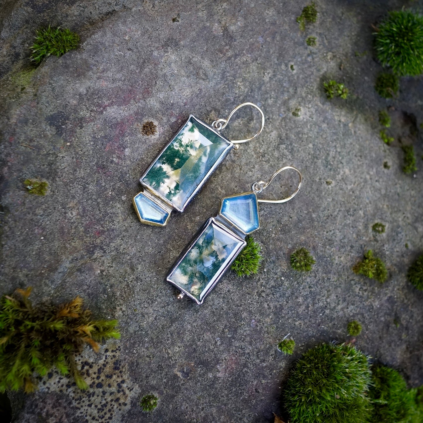 Moss agate and aquamarine earrings