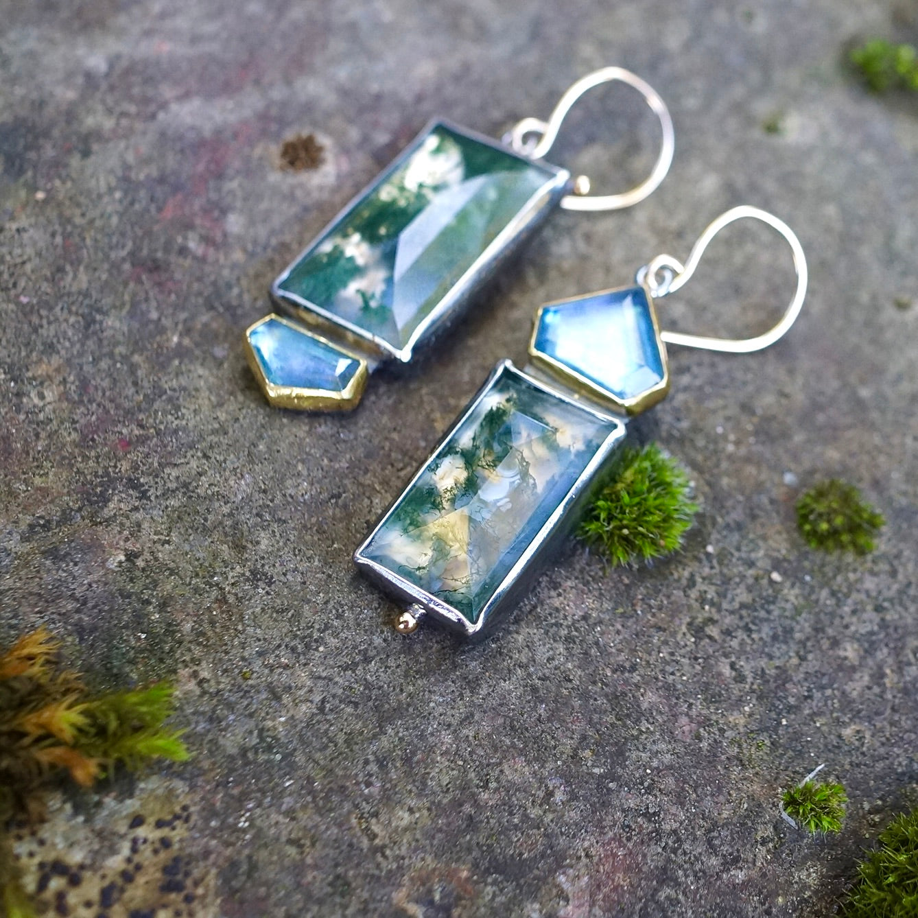 Moss agate and aquamarine earrings