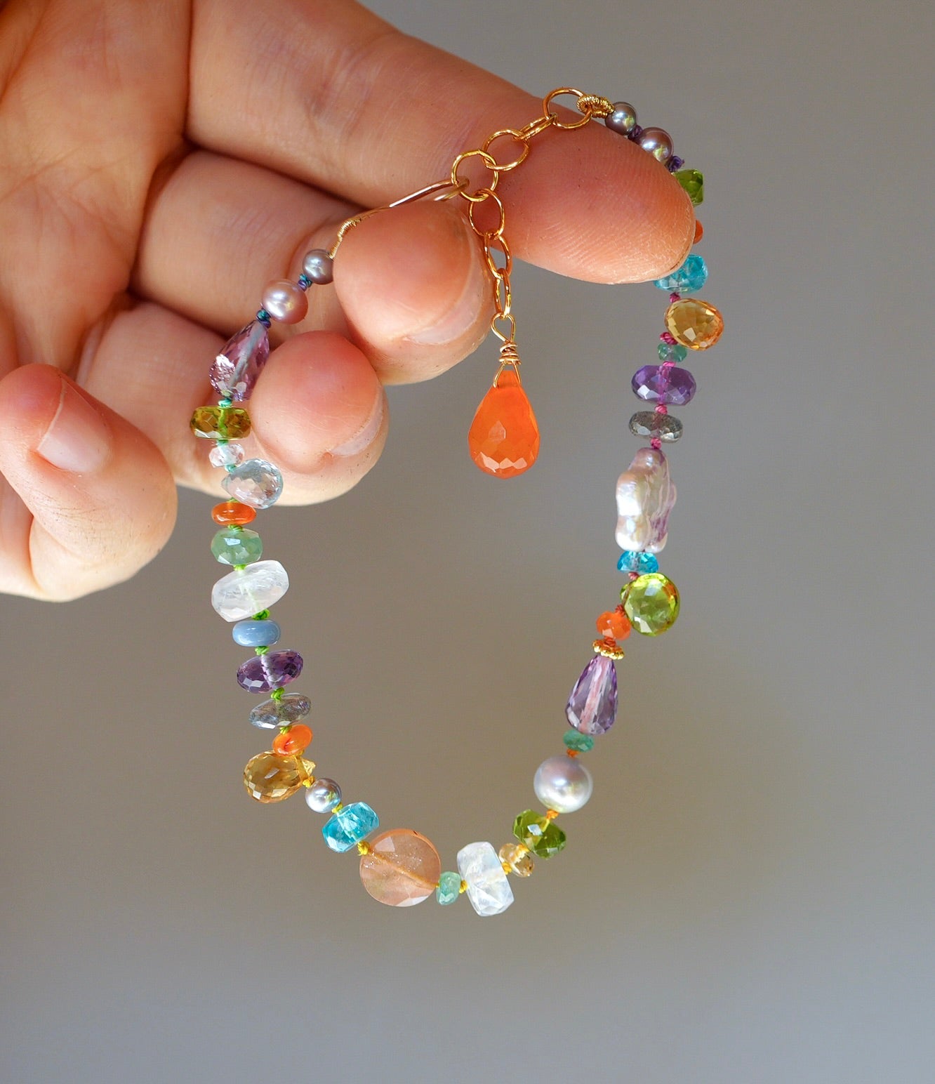 Vibrant gemstone mix silk-knotted bracelet with pearl flower