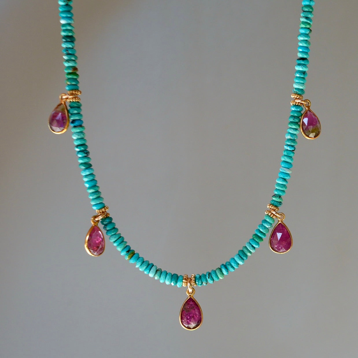 Natural turquoise and pink tourmaline charm necklace