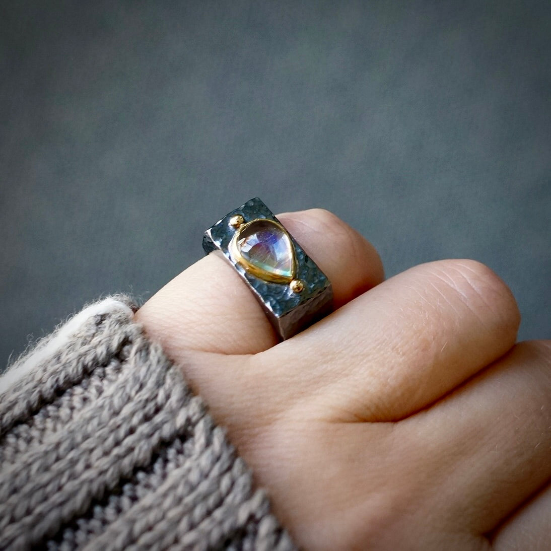 Rainbow moonstone signet ring