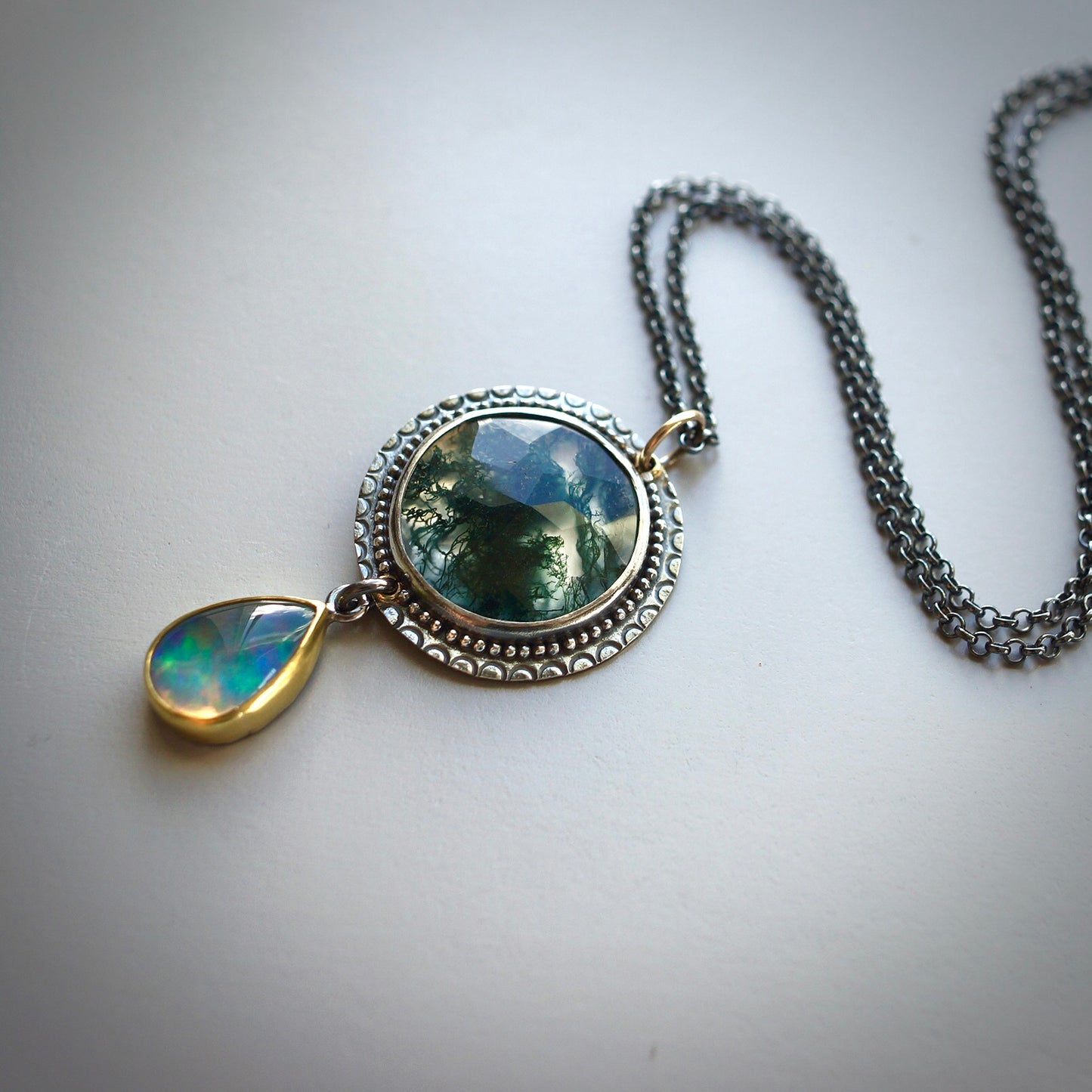 Moss agate and opal pendant