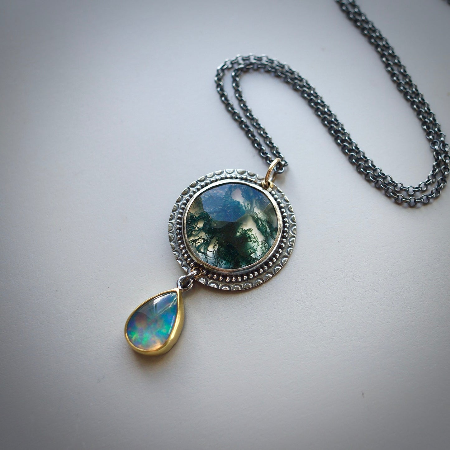 Moss agate and opal pendant