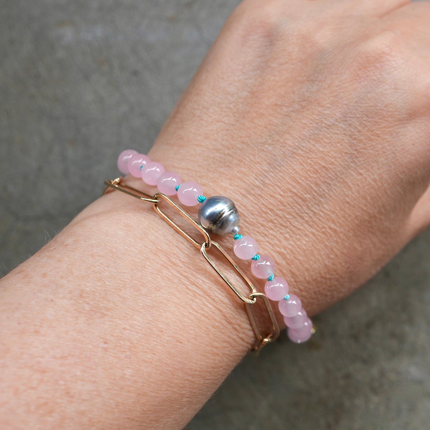 Rose quartz and Tahitian pearl bracelet