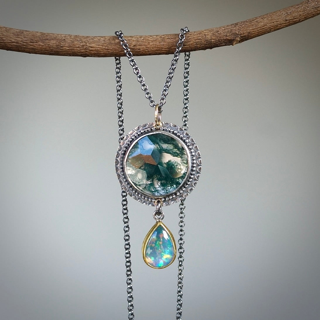 Moss agate and opal pendant