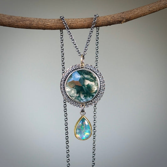 Moss agate and opal pendant