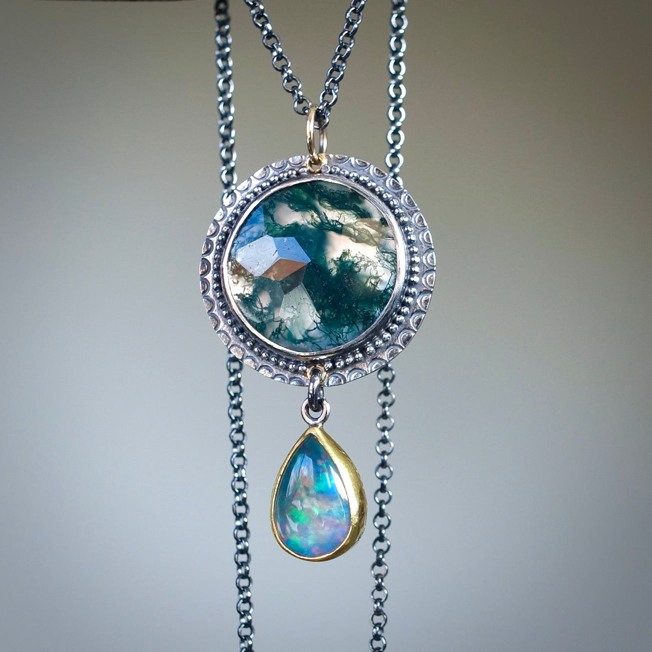 Moss agate and opal pendant