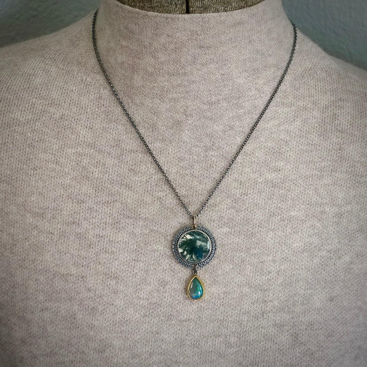Moss agate and opal pendant
