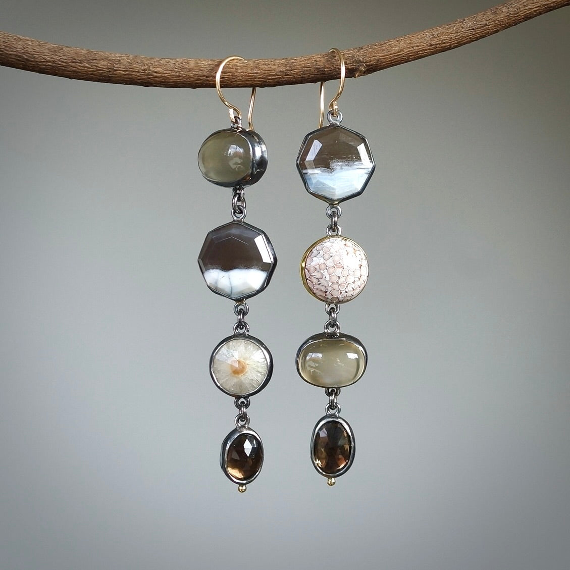 Blue opal, smokey quartz, green moonstone and agate earrings