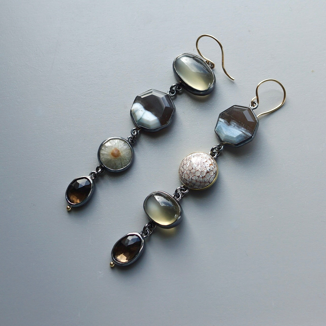 Blue opal, smokey quartz, green moonstone and agate earrings