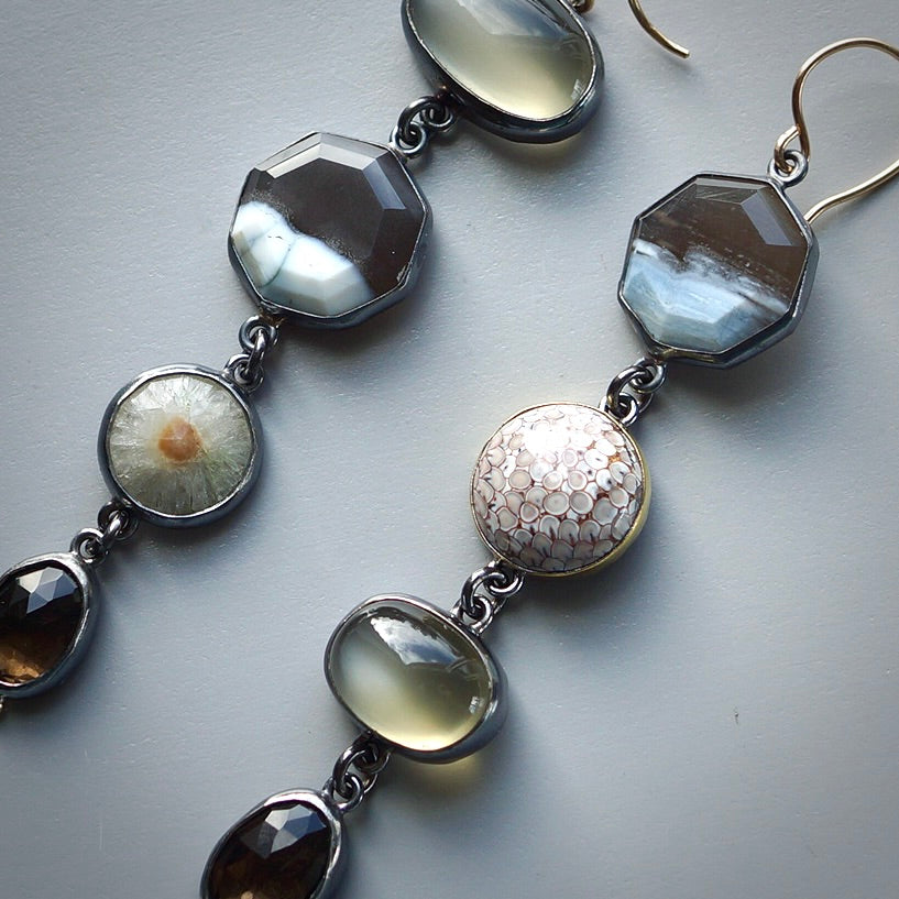 Blue opal, smokey quartz, green moonstone and agate earrings