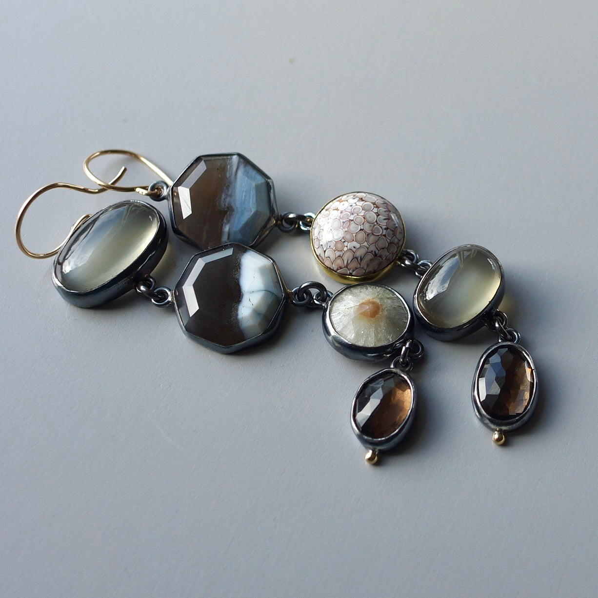 Blue opal, smokey quartz, green moonstone and agate earrings